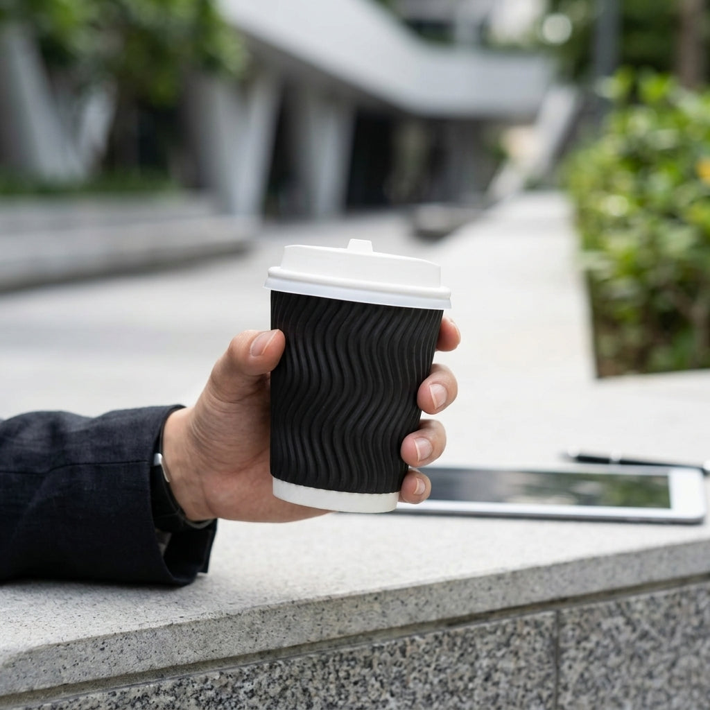8oz Ripple Black Paper Cup with Lid